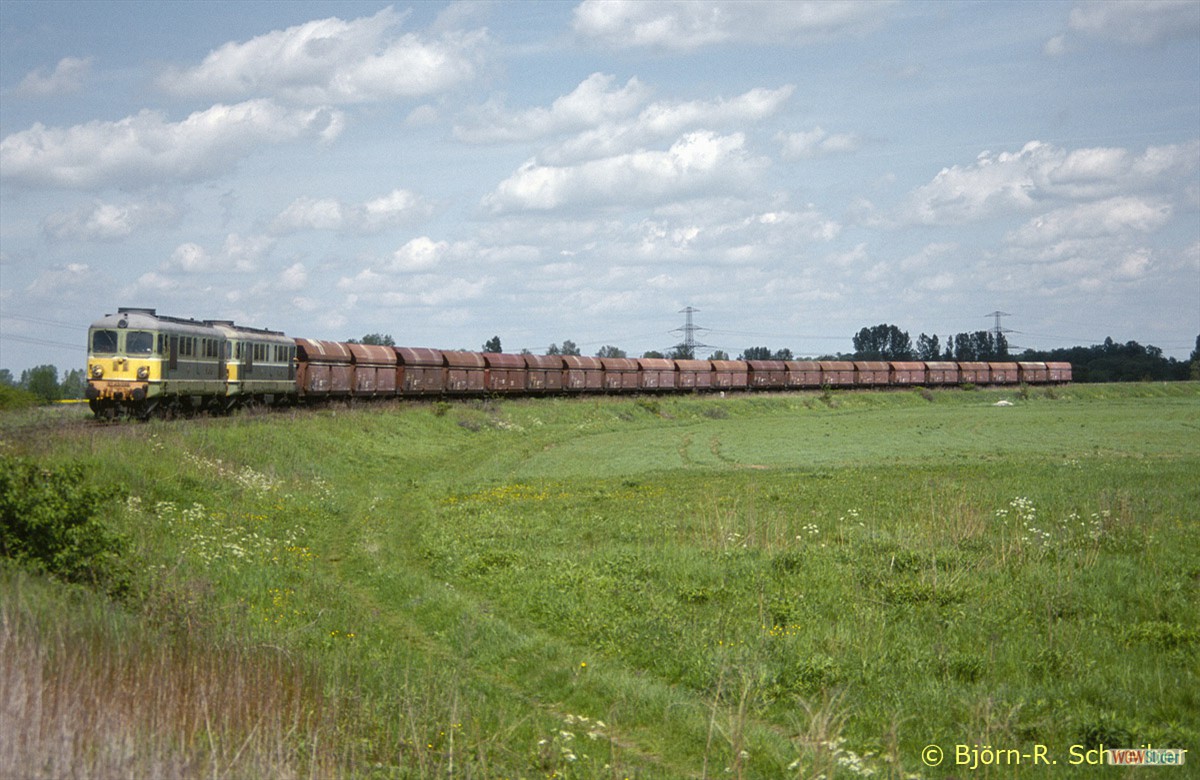 ST43 295 und 352 warten am 16.05.2001 mit Kalk aus Beroun am Abzw. Reczyn auf Freigabe der Strecke nach Ostritz.