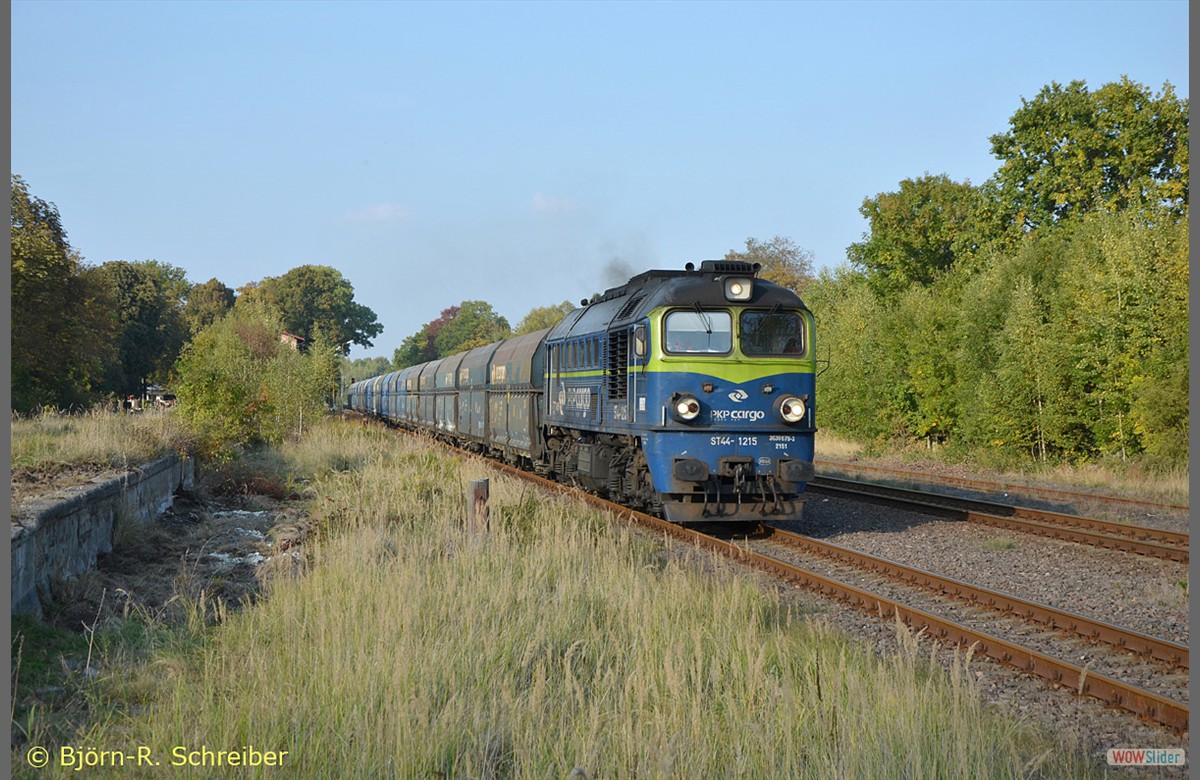 Manchmal braucht man auch Glck: ST44 1215 bringt am Abend des 05.10.2015 noch einen vollen Kalkpendel nach Turoszw, Durchfahrt Krzewina Zg.